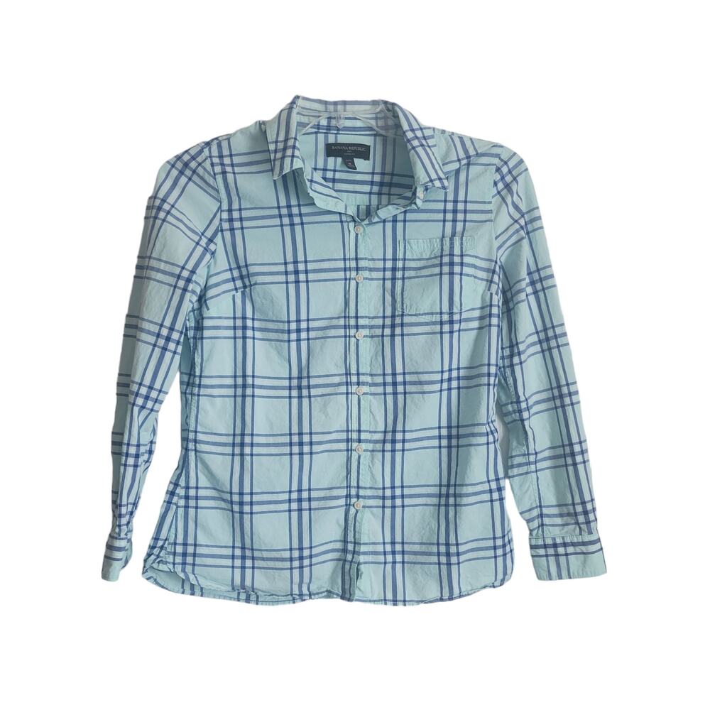 Banana Republic‎ Women Size MP Shirt Front Button Blue Plaid Long Sleeve Pocket